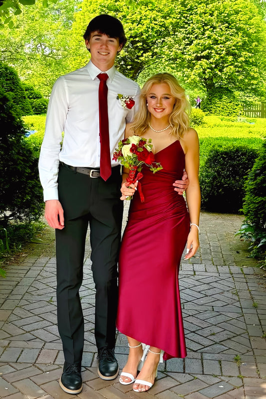 Burgundy Spaghetti Straps Asymmetric Hem Long Dress