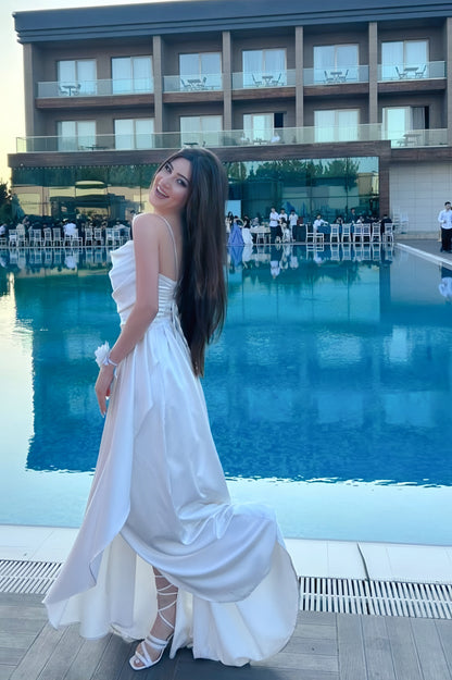 White Cowl Spaghetti Straps Long Dress