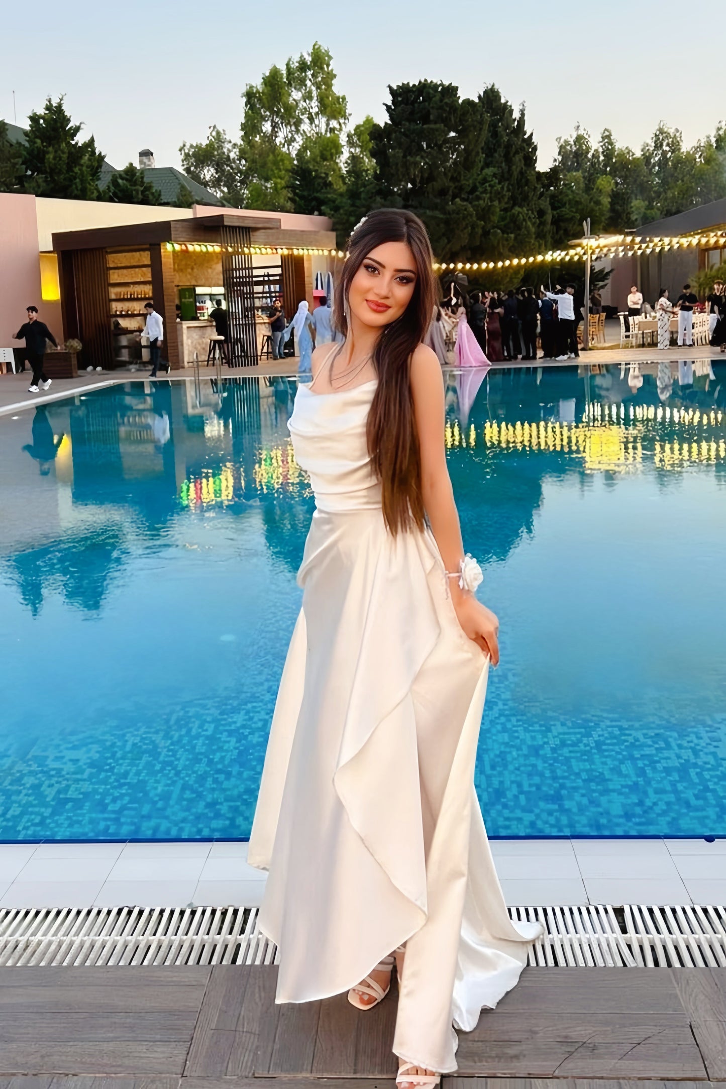 White Cowl Spaghetti Straps Long Dress