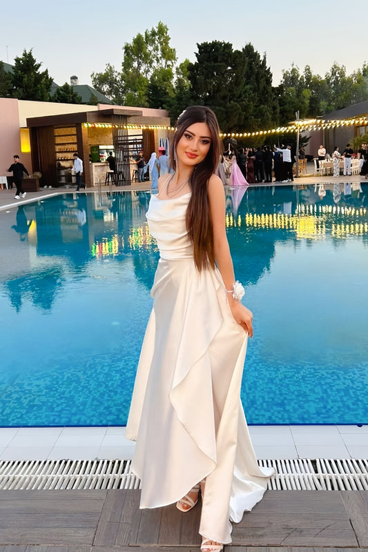 White Cowl Spaghetti Straps Long Dress