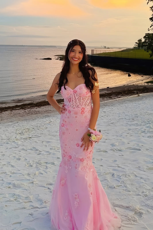 Sweetheart Pink Beaded Flower Mermaid Dress