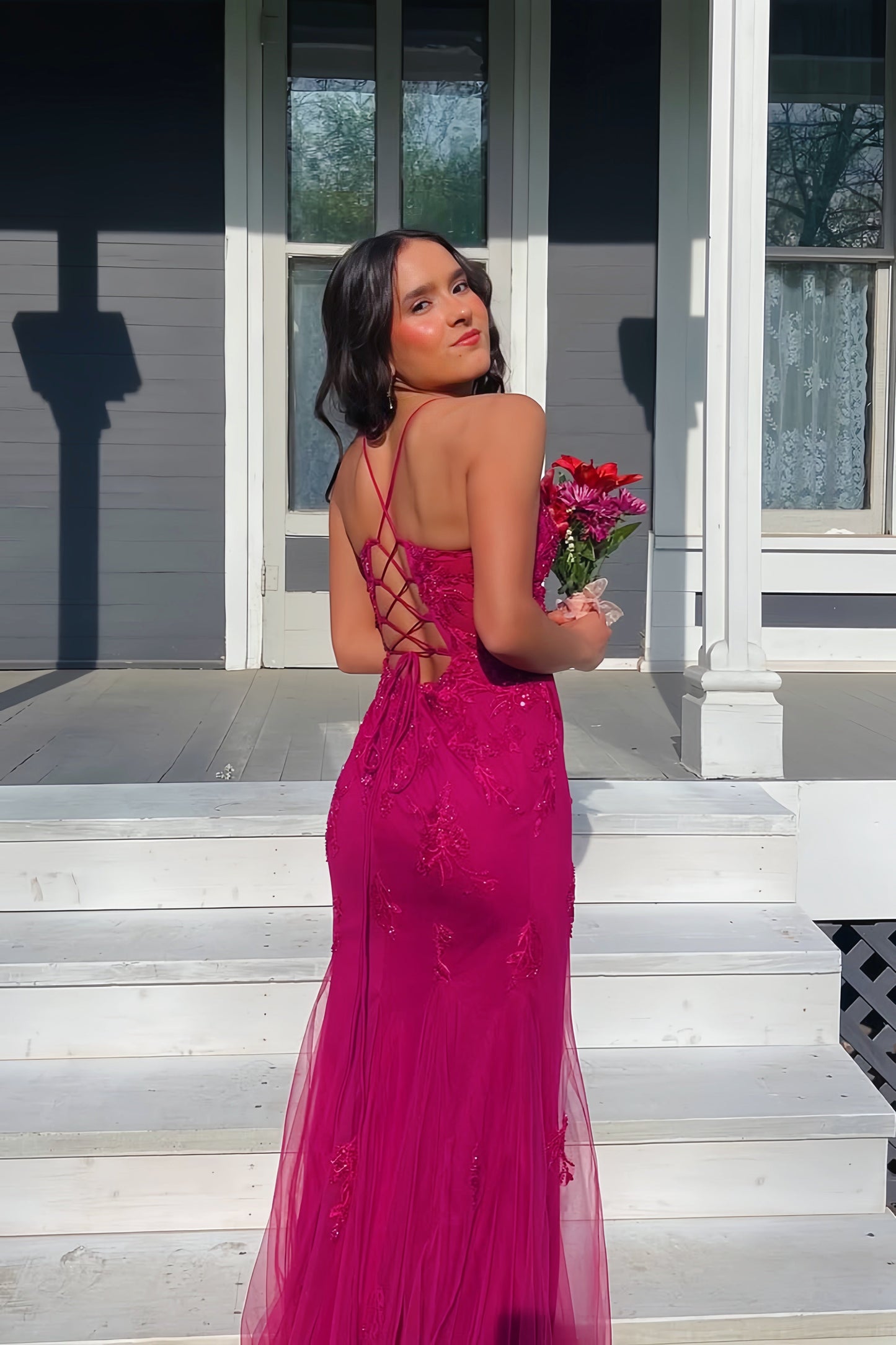 Fuchsia Sequin Embroidery Mermaid Long Prom Dress