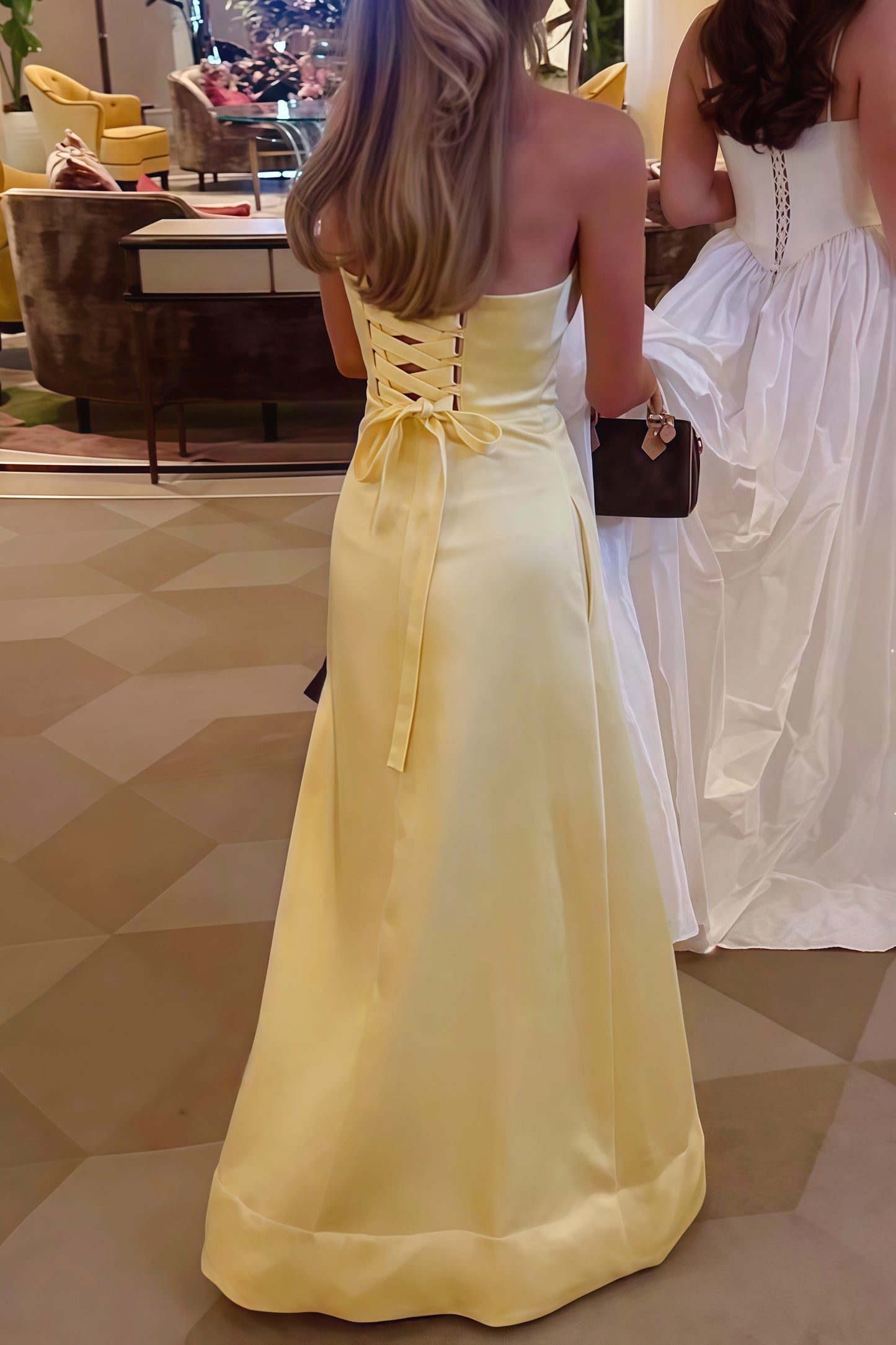 A-line Yellow Strapless  Floor-length Dress