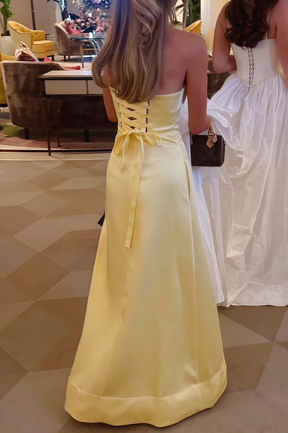 A-line Yellow Strapless  Floor-length Dress