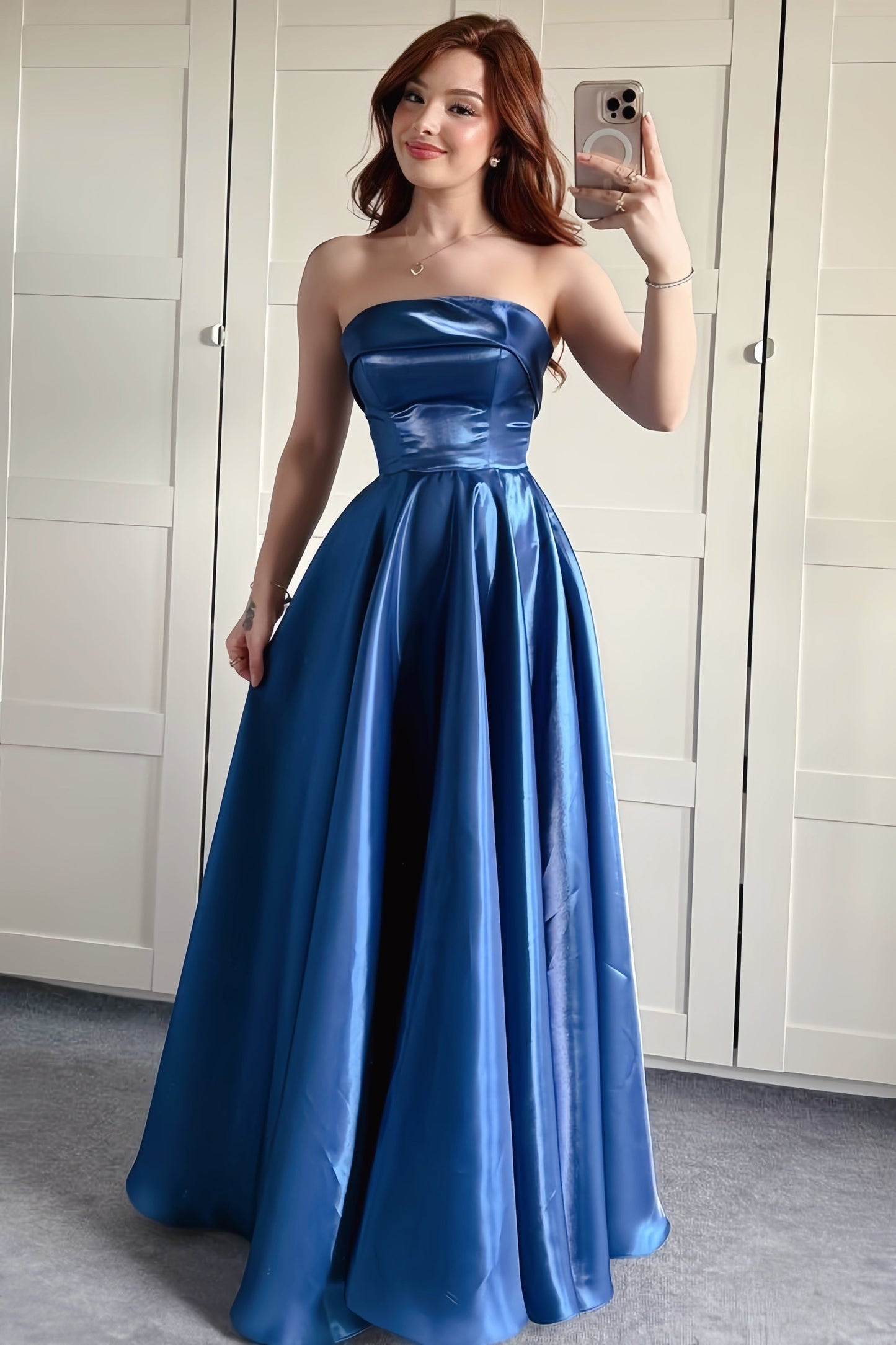 Pink Strapless Satin Long A-line Dress