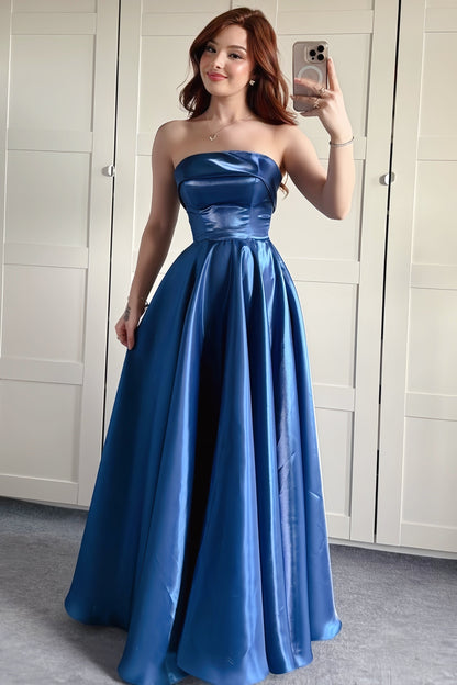 Pink Strapless Satin Long A-line Dress
