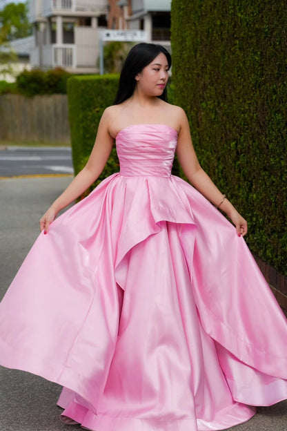 Pink Strapless Ruched Ruffle A-line  Dress