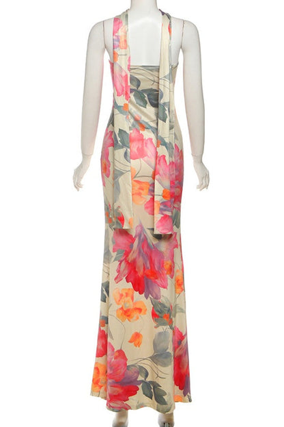 Strapless Fitted Floral Ribbon Tie Long Party Dress