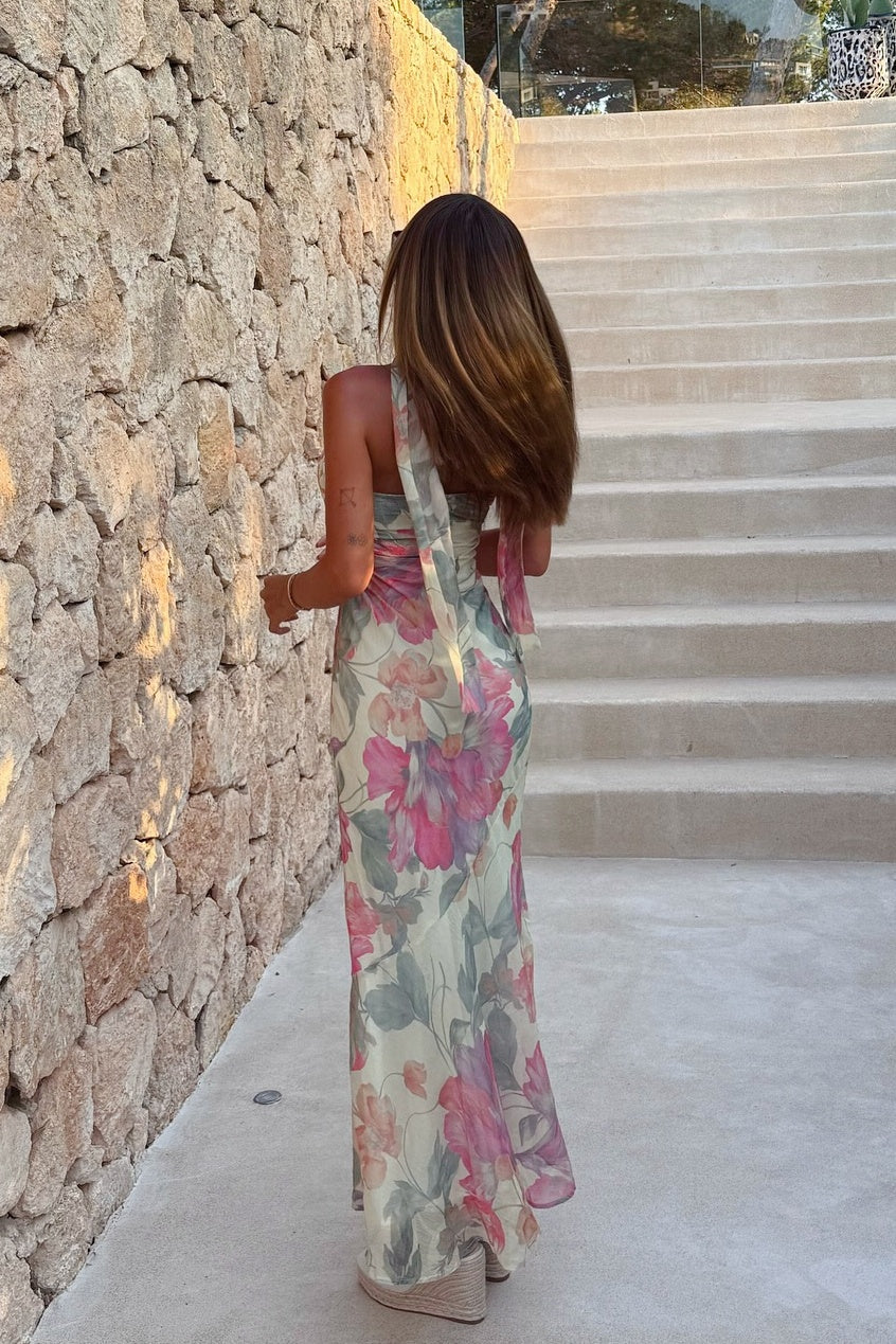 Strapless Fitted Floral Ribbon Tie Long Party Dress