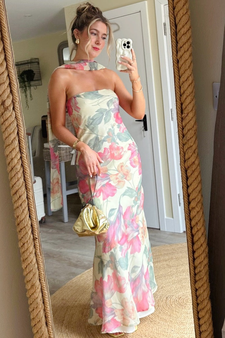 Strapless Fitted Floral Ribbon Tie Long Party Dress