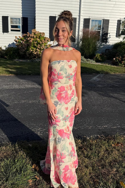 Strapless Fitted Floral Ribbon Tie Long Party Dress