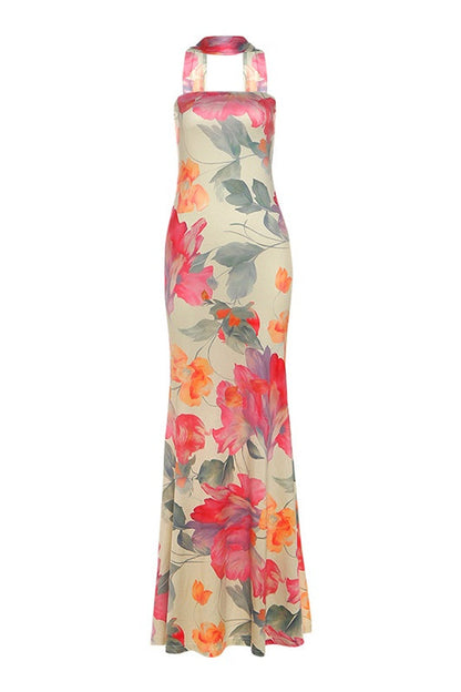 Strapless Fitted Floral Ribbon Tie Long Party Dress