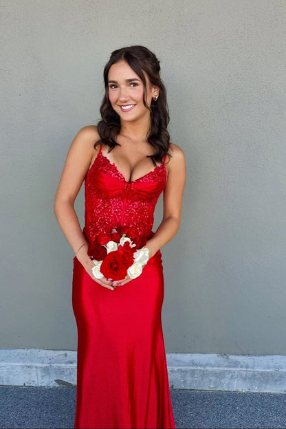 Red Satin Sequin Mermaid Long Formal Dress