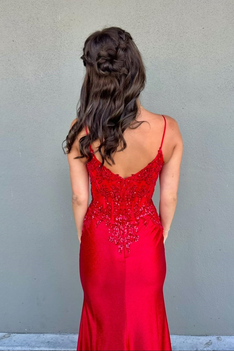 Red Satin Sequin Mermaid Long Formal Dress