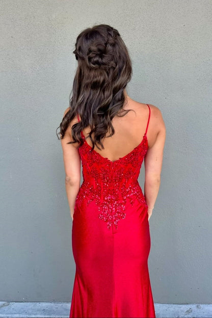 Red Satin Sequin Mermaid Long Formal Dress