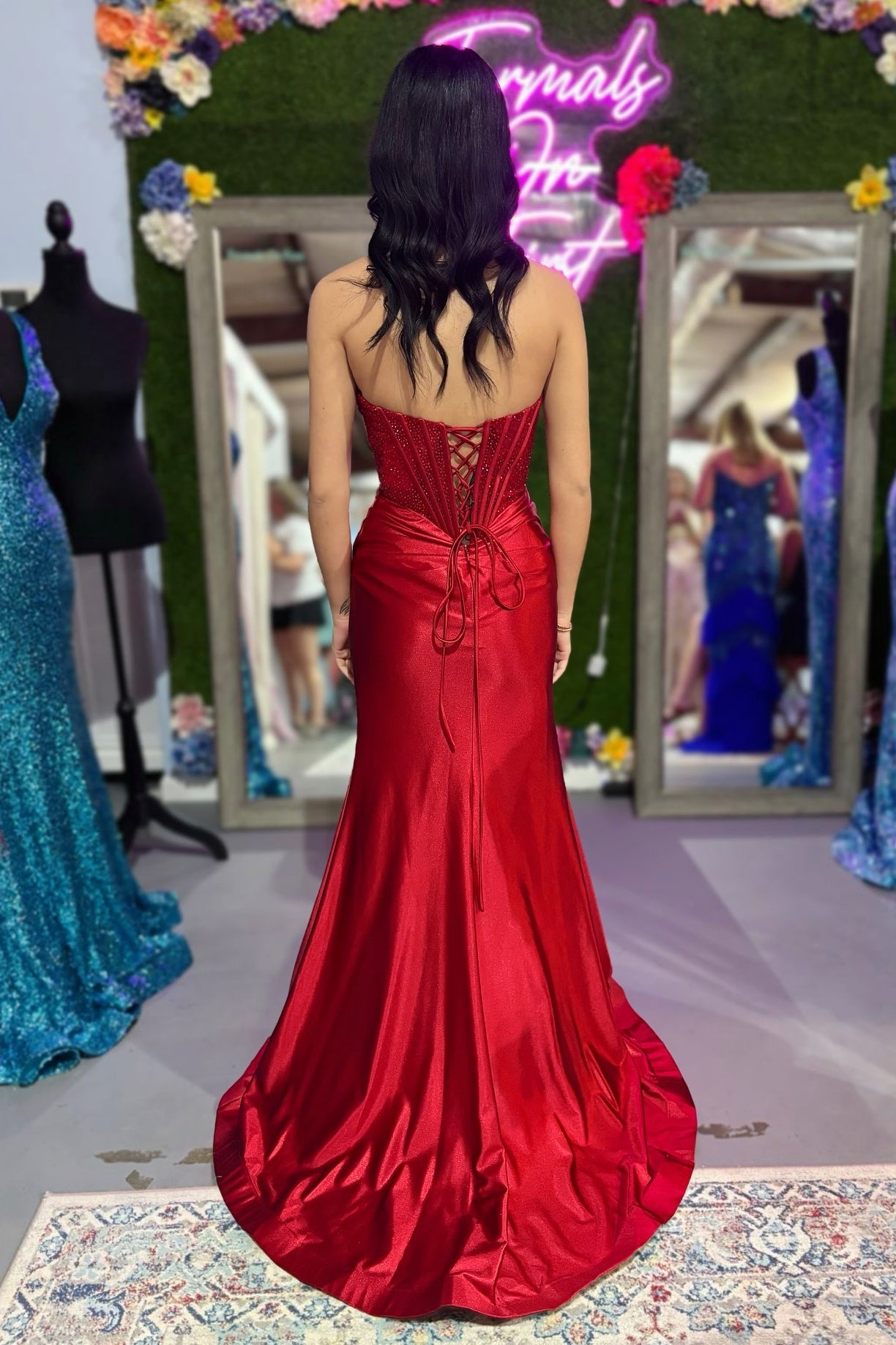 Red Satin Beaded Ruched Mermaid Long Formal Dress