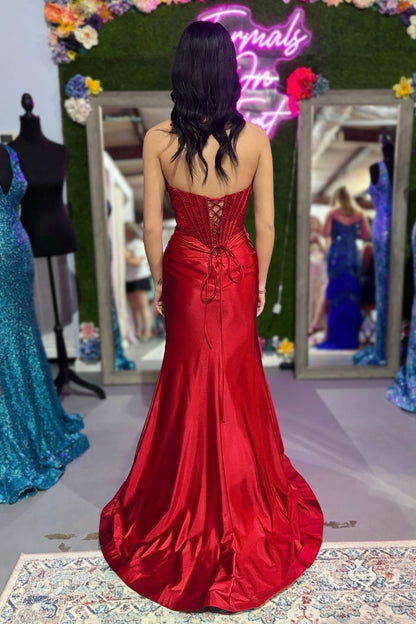 Red Satin Beaded Ruched Mermaid Long Formal Dress