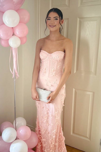 Pink Tulle 3D Flowers Floor-length Dress
