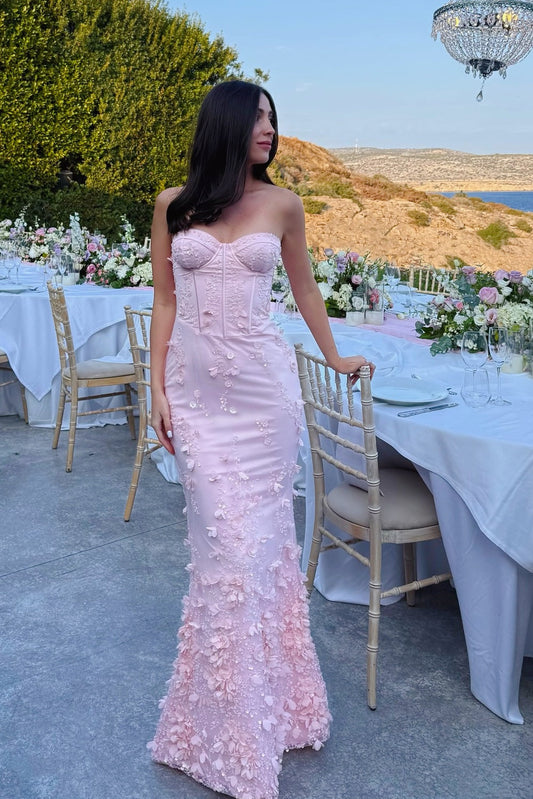 Pink Tulle 3D Flowers Floor-length Dress