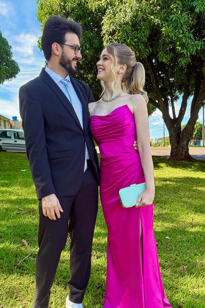 Strapless Fuchsia Satin Mermaid Long Formal Dress