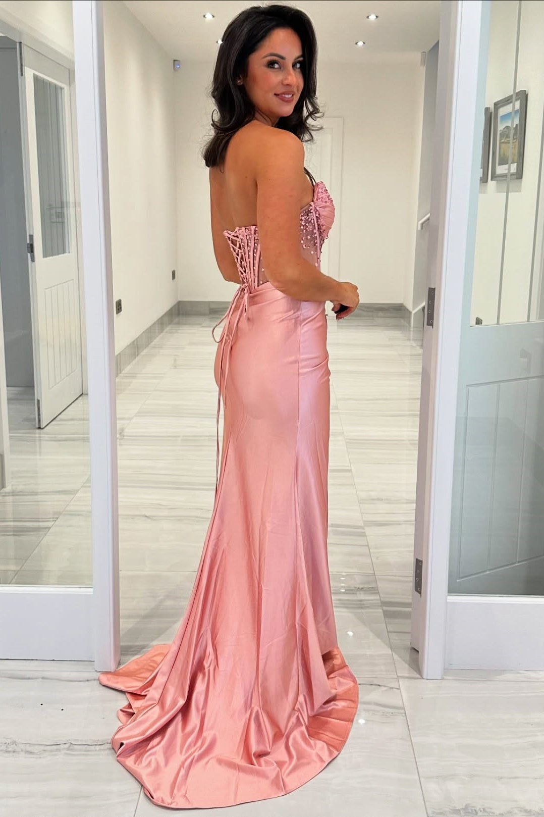 Beaded Corset Pink Ruched Mermaid Long Dress – VOAND