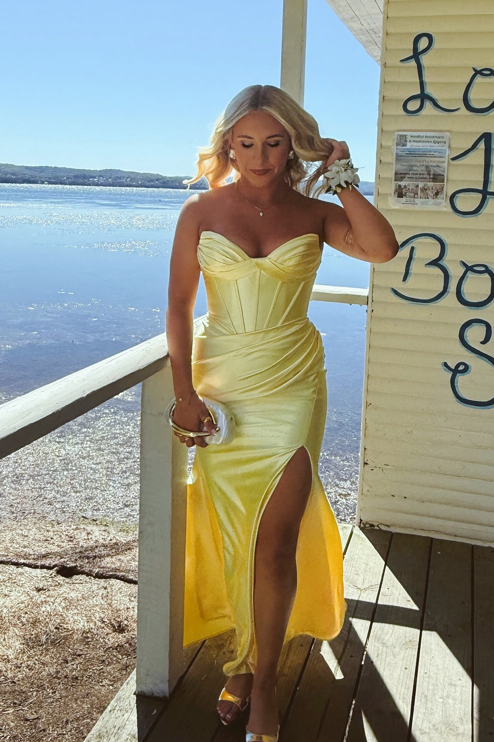 Yellow Mermaid Satin Ruched Long Dress