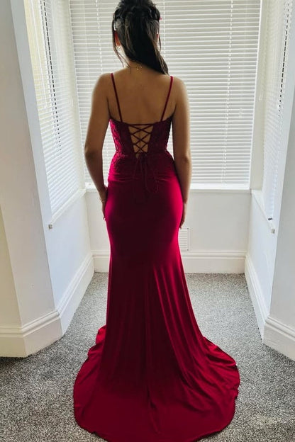 V-neck Burundy Mermaid Long Dress
