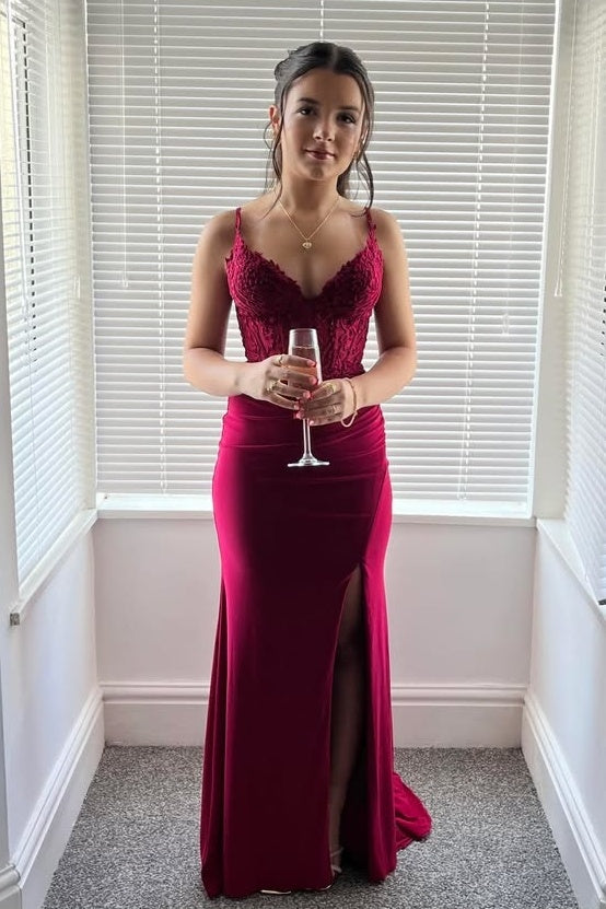 V-neck Burundy Mermaid Long Dress