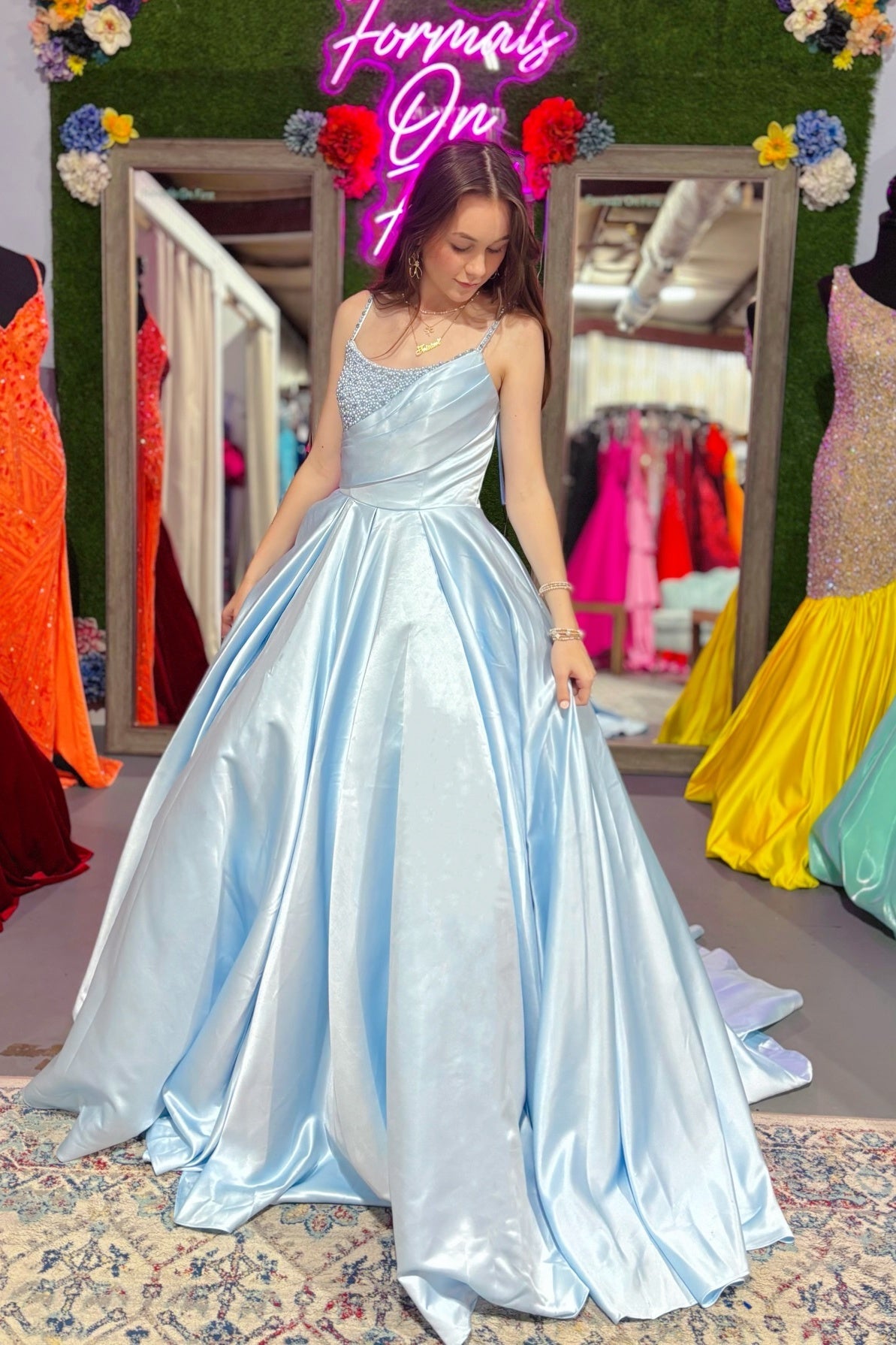 Spaghetti Straps Beaded Light Blue Ball Gown