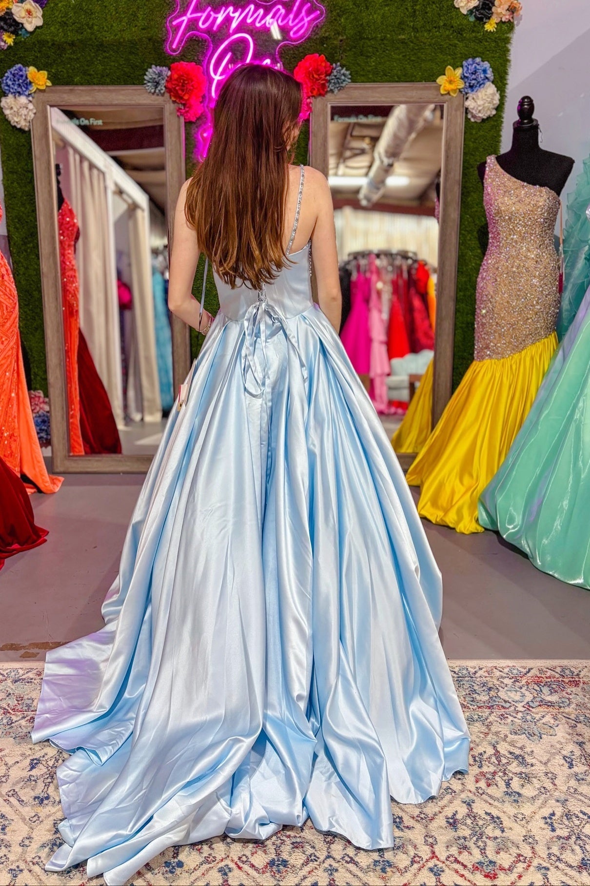 Spaghetti Straps Beaded Light Blue Ball Gown