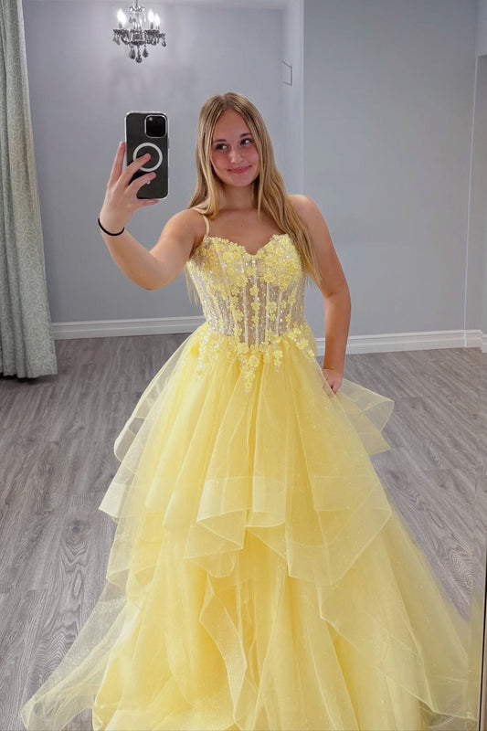 Yellow Sweetheart Long Floral Appliqués A-line Dress