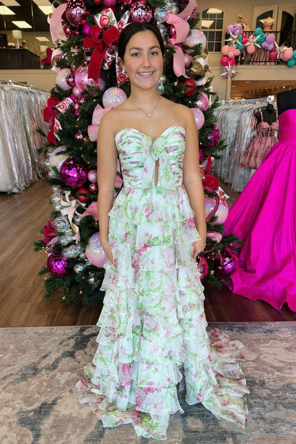 Sweetheart Floral Bow A-line Ruffle Prom Dress