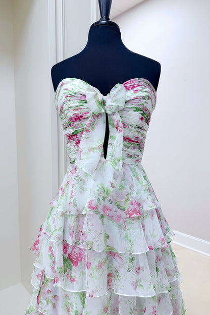 Sweetheart Floral Bow A-line Ruffle Prom Dress