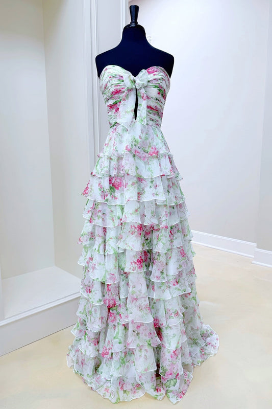 Sweetheart Floral Bow A-line Ruffle Prom Dress