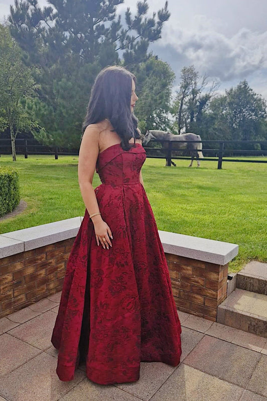 Burgundy Strapless Jacquard A-Line Prom Dress