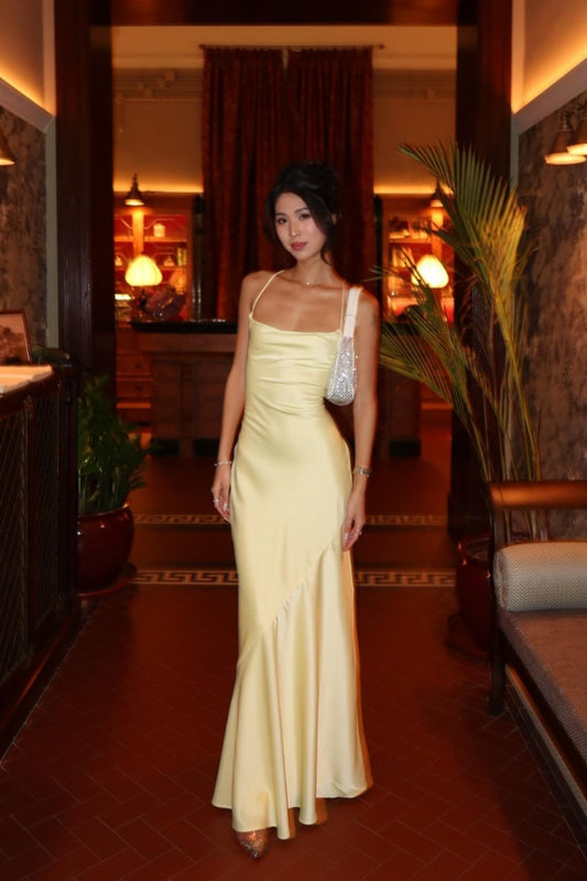 Yellow Spaghetti Straps Long Backless Prom Dress