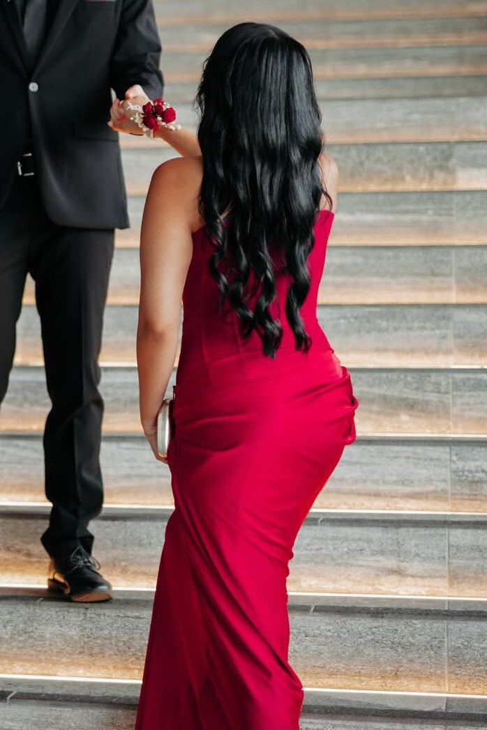 Red Strapless Fitted Ruched Satin Long dress
