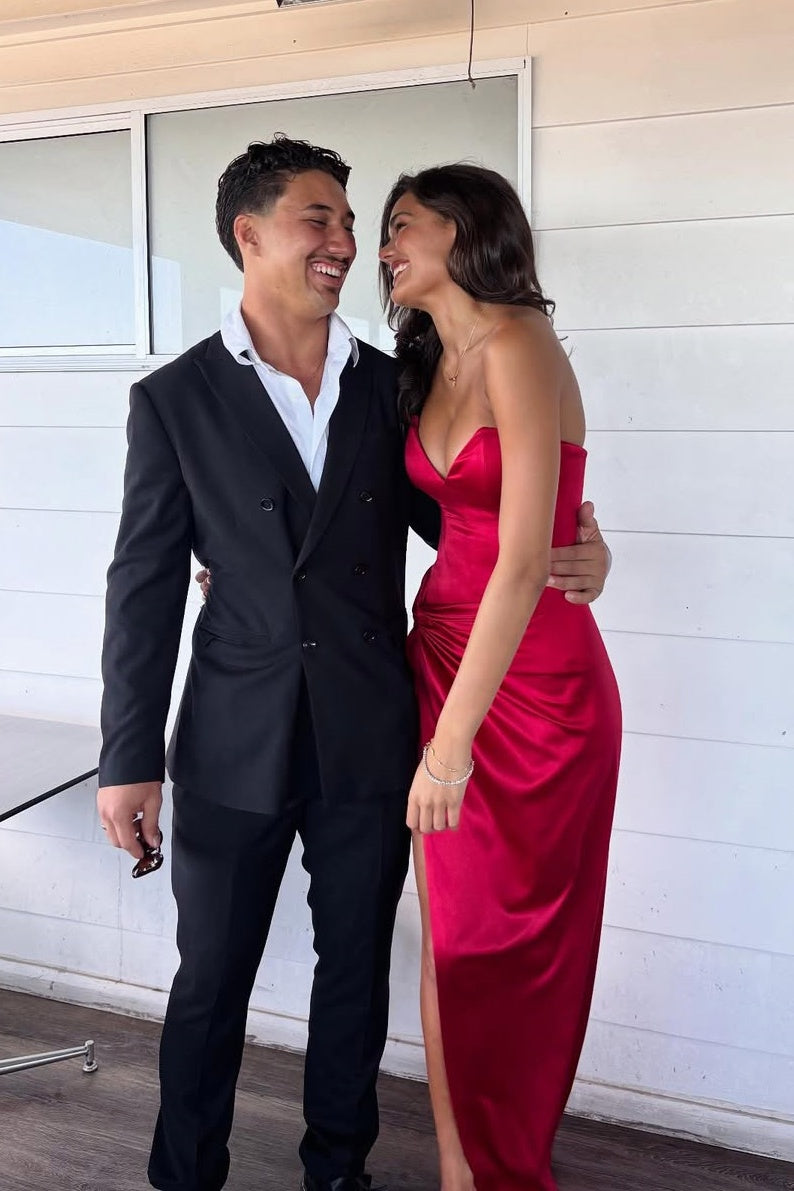 Red Fitted Satin Side Slit Long Prom Dress
