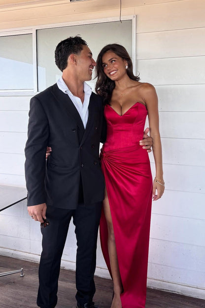 Red Fitted Satin Side Slit Long Prom Dress