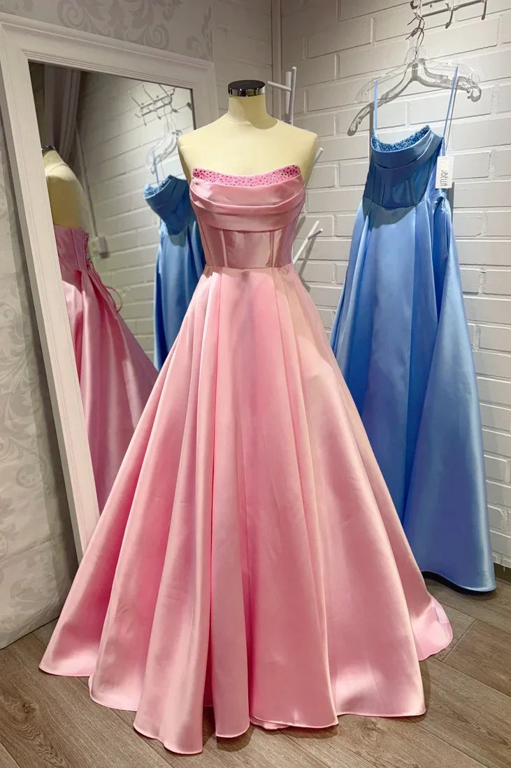 Pink Strapless Satin A-line Prom Gown