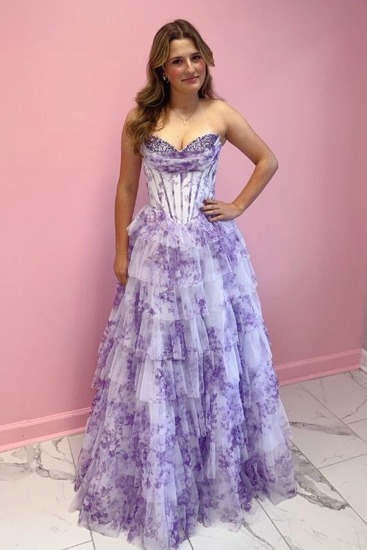 Sweetheart Floral Beaded A-line Prom Dress