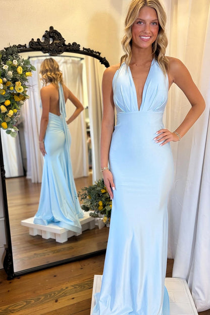 Light Blue Halter-Tie V-Neck Mermaid Prom Dress