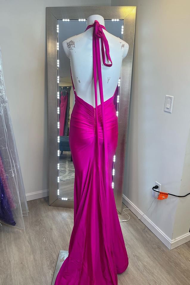 Light Blue Halter-Tie V-Neck Mermaid Prom Dress
