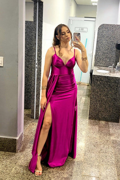 Magenta V-neck Side Slit Satin Long Prom Dress – VOAND