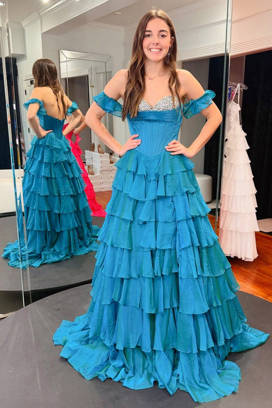 Blue A-line Off-the-shoulder Rhinestone Prom Dress