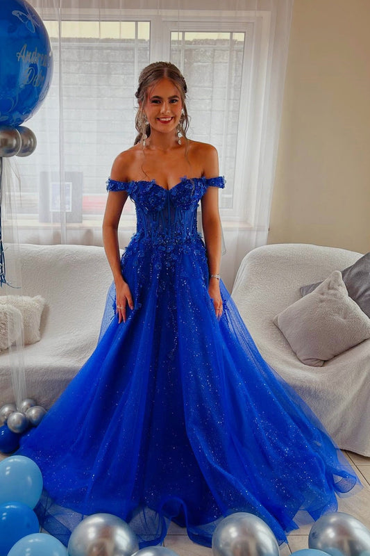Royal Blue Glitter Tulle Off-the-Shoulder A-Line Prom Gown
