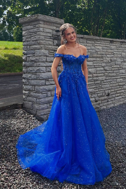 Royal Blue Glitter Tulle Off-the-Shoulder A-Line Prom Gown
