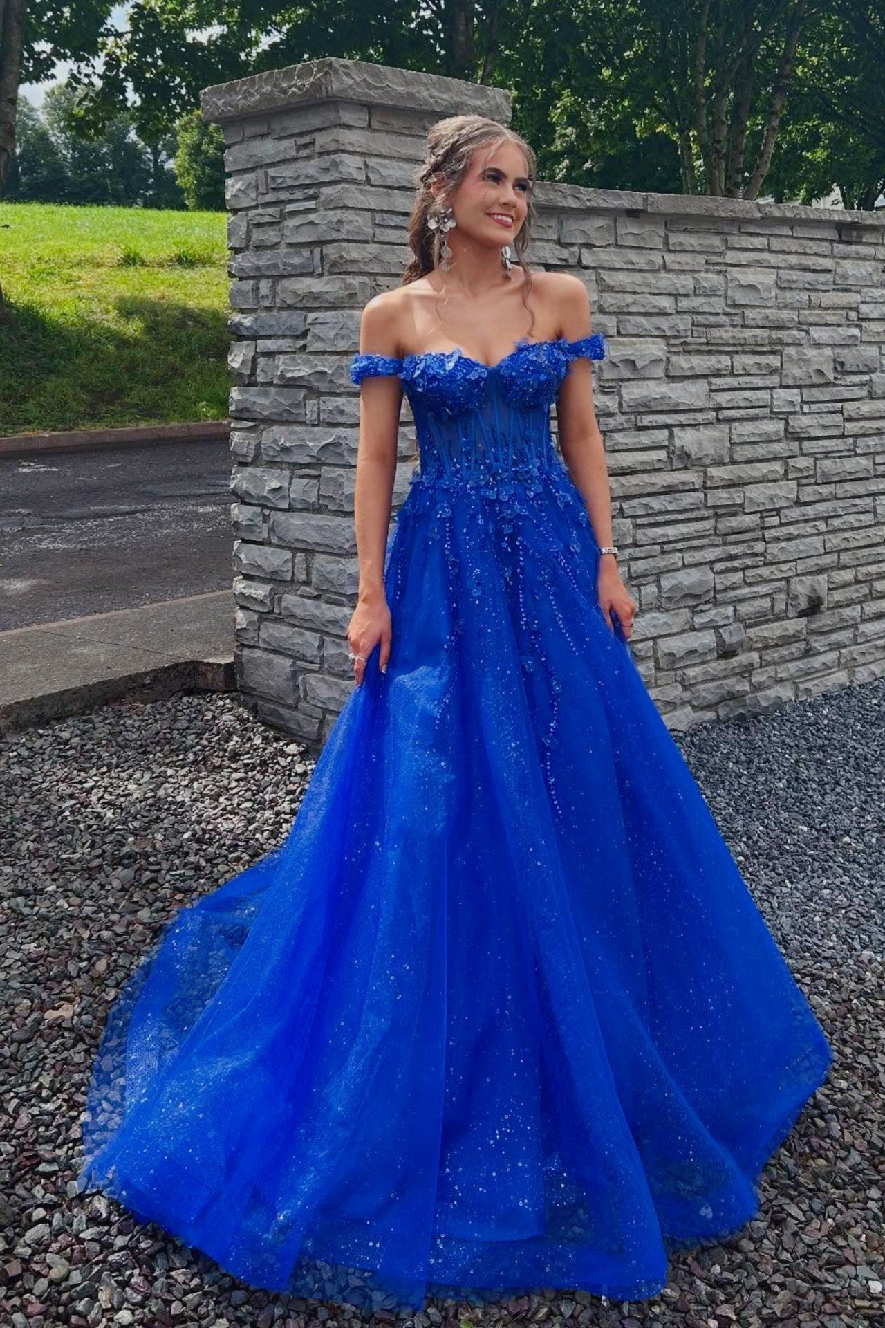 Royal Blue Glitter Tulle Off-the-Shoulder A-Line Prom Gown