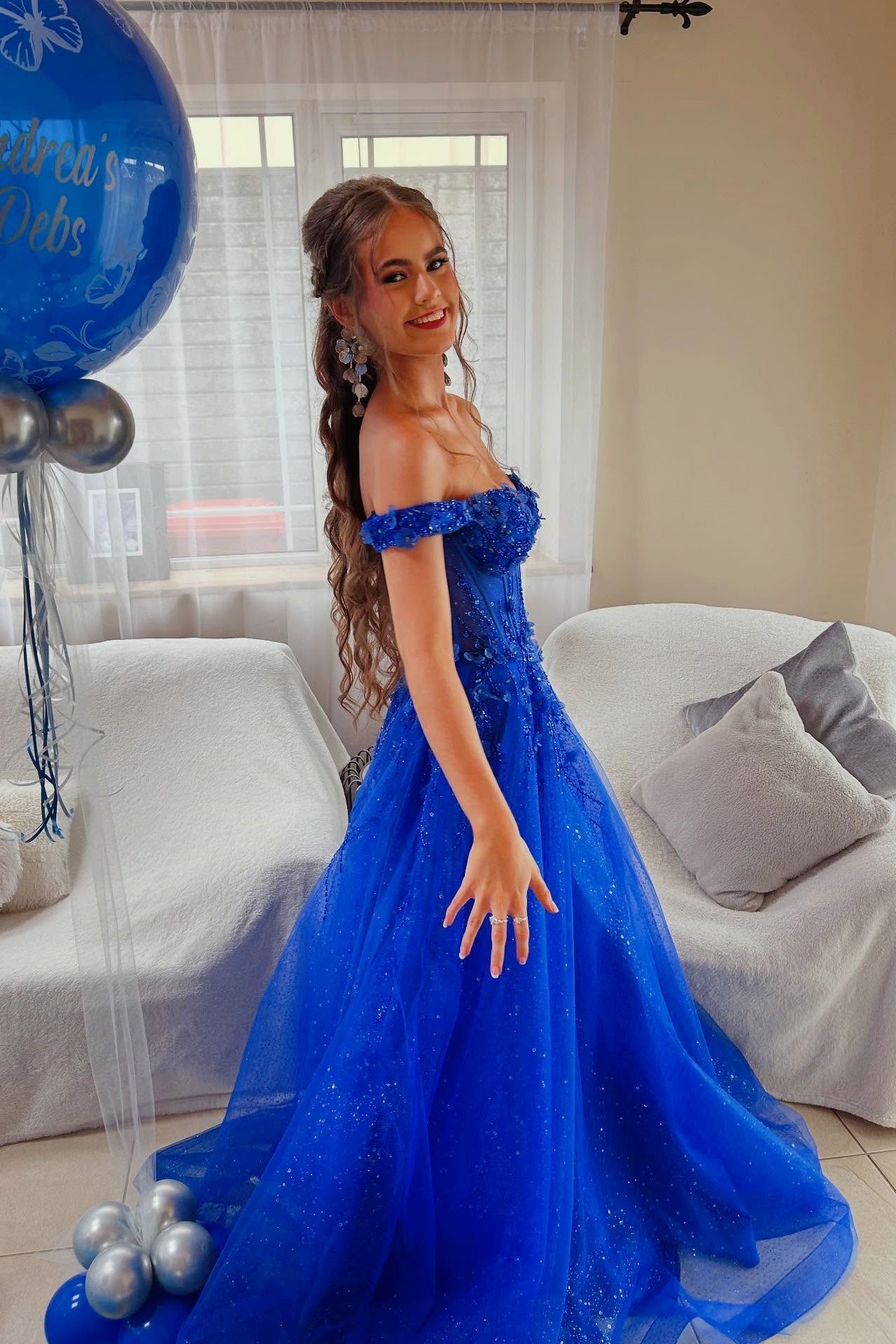 Royal Blue Glitter Tulle Off-the-Shoulder A-Line Prom Gown