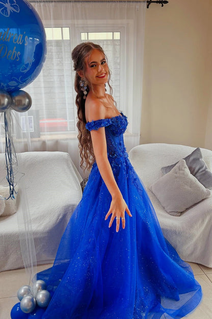 Royal Blue Glitter Tulle Off-the-Shoulder A-Line Prom Gown